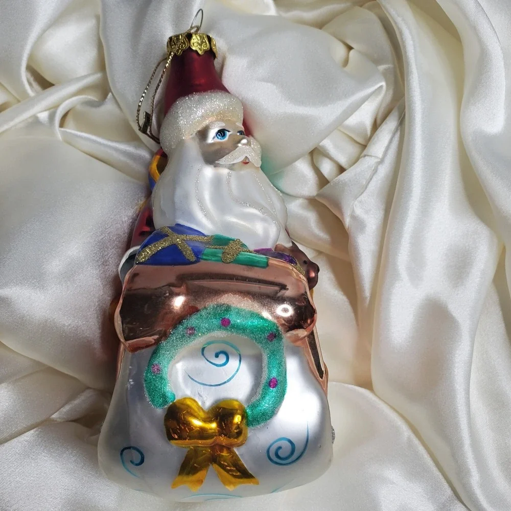 Vintage Hand Blown Mercury‎ Glass Santa Sleigh Christmas Ornament Hand Painted